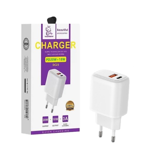 Adaptador Denmen DC32 2 Portas USB+Tipo-C PD20W+18W 3A Branco